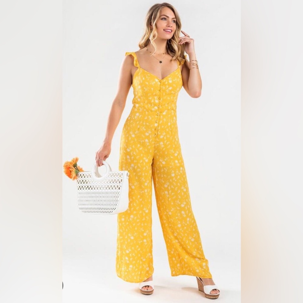 Everly Yellow Floral Pantsuit With Ruffle Straps